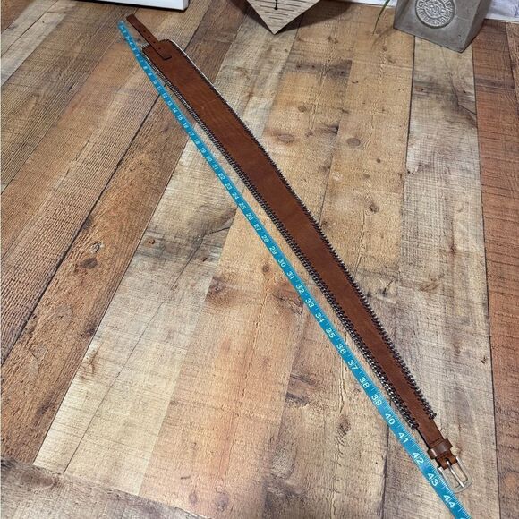 Calvin Klein Brown Leather Asymmetrical Wide Chain Trim Belt Size Large - Picture 11 of 11